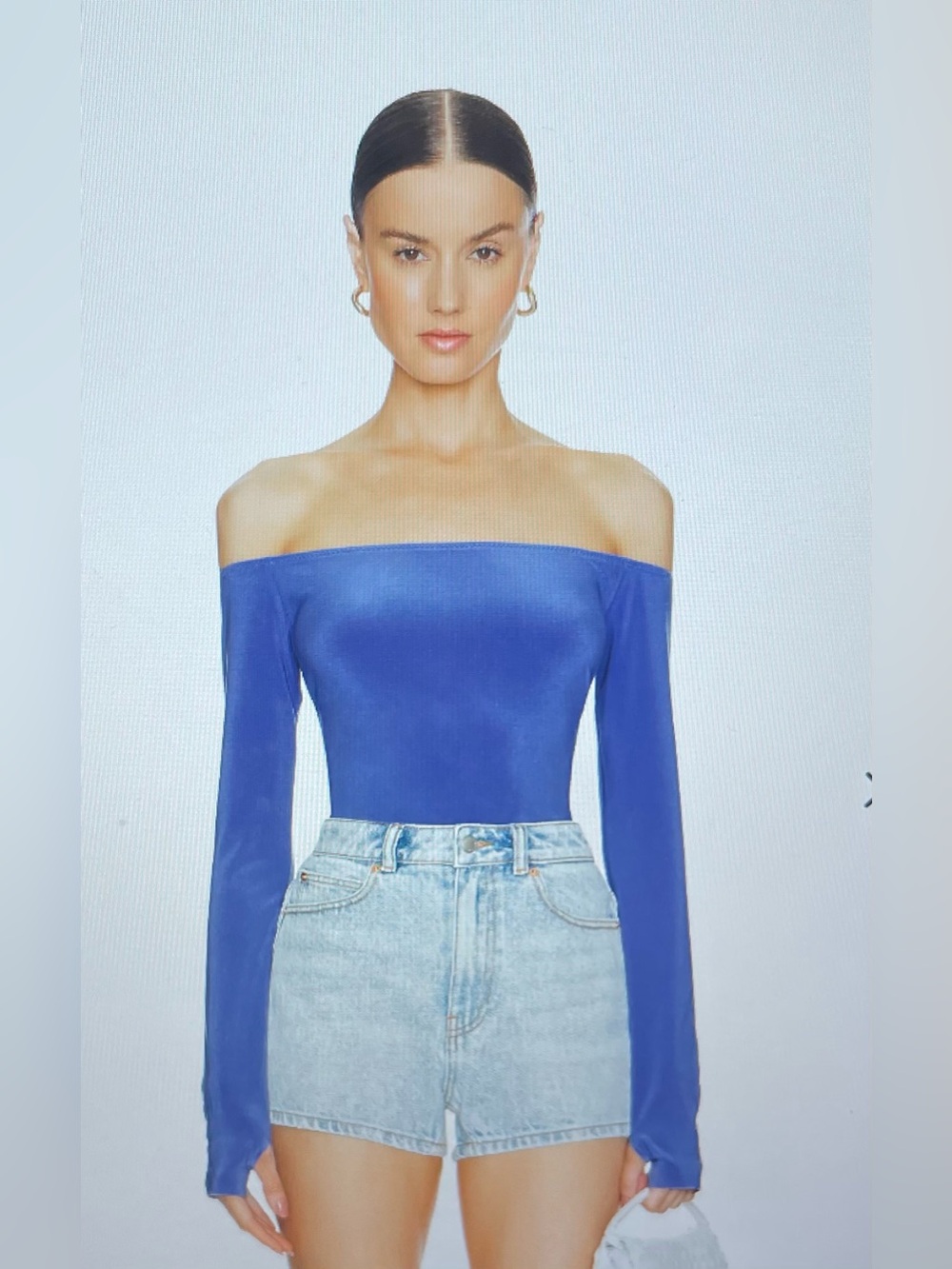 NWT Norma Kamali Military Blue Off-Shoulder Long Sleeve Thumbhole Top